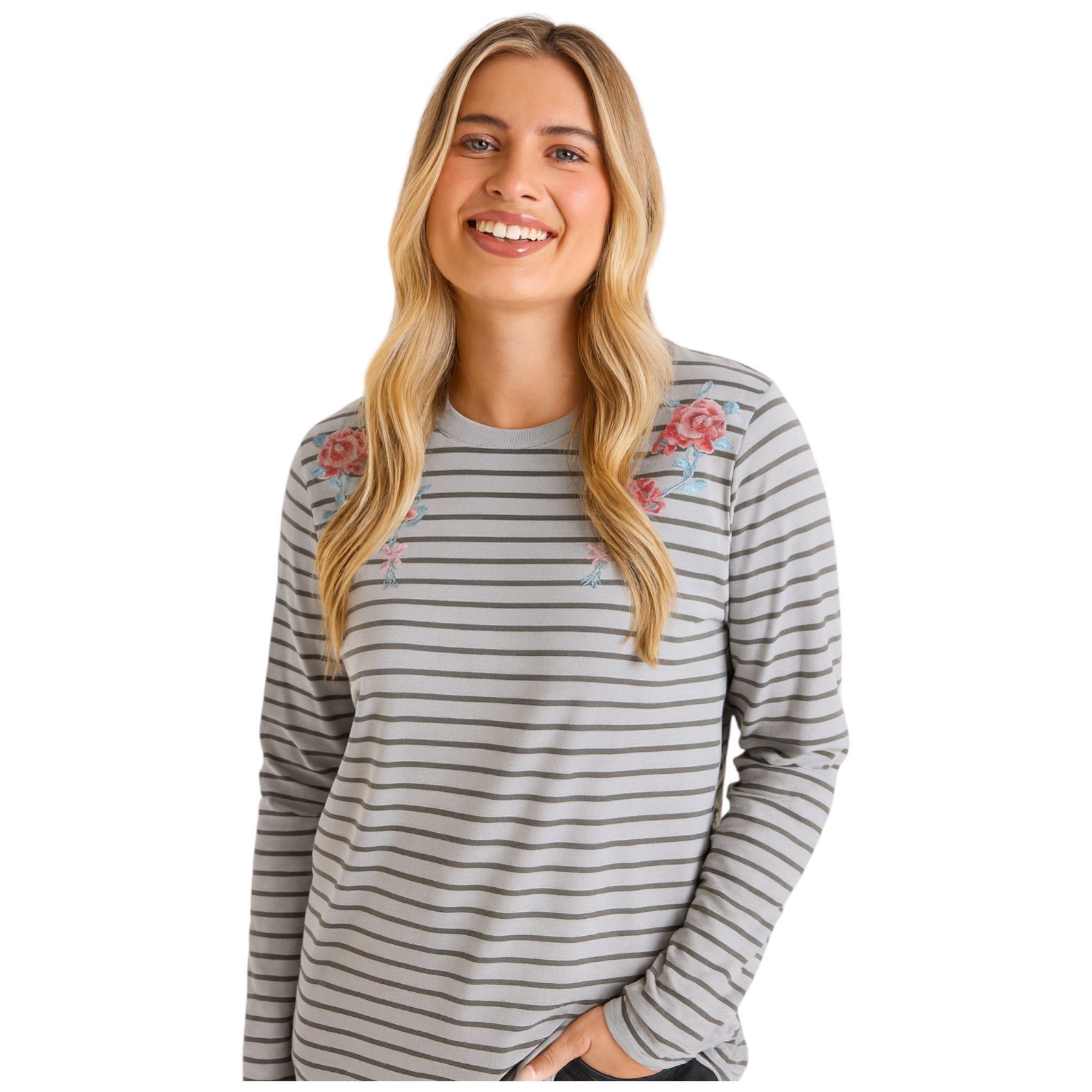 Women's grey long sleeve top with horizontal stripes and pink floral embroidery on chest.